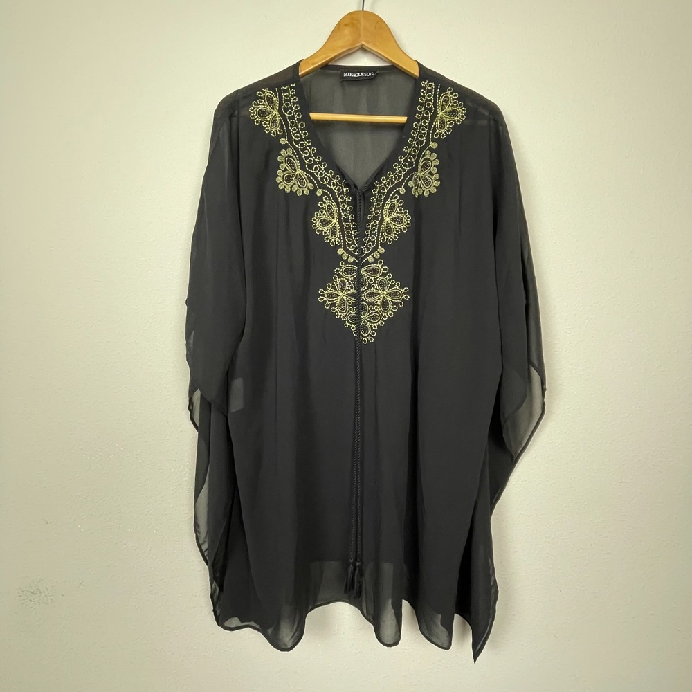 Miraclesuit Black Sheer Boho Cover-Up Tassels Embroidered Size S Oversized